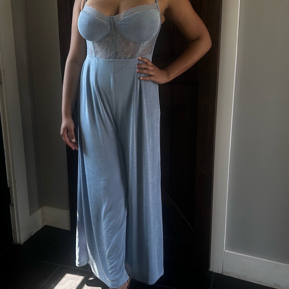 Stunning Blue wide leg Jumpsuit with Gold Chain Straps by Cider! NWOT